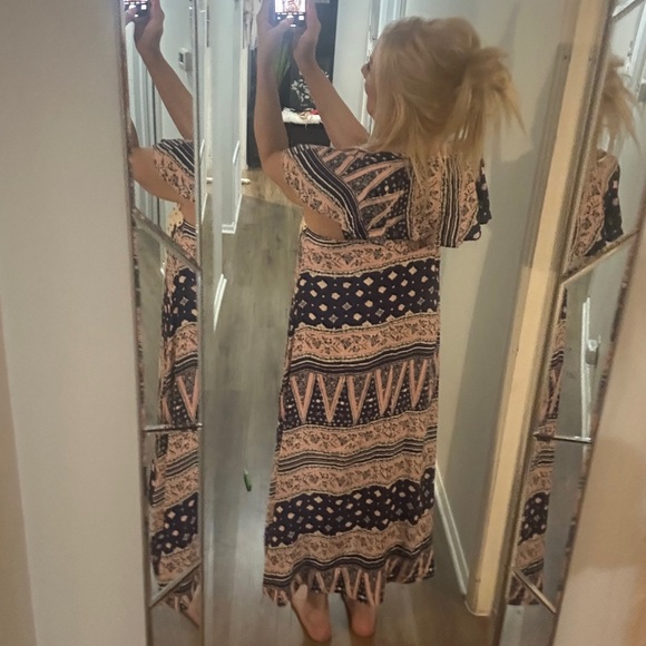 Anthropologie cap sleeve navy blue, pink and white patterned flowy dress - Picture 12 of 13